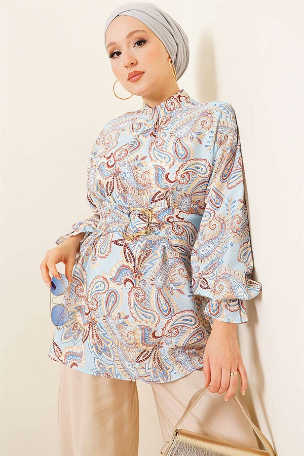 Gold Buckle Paisley Pattern Tunic, Blue