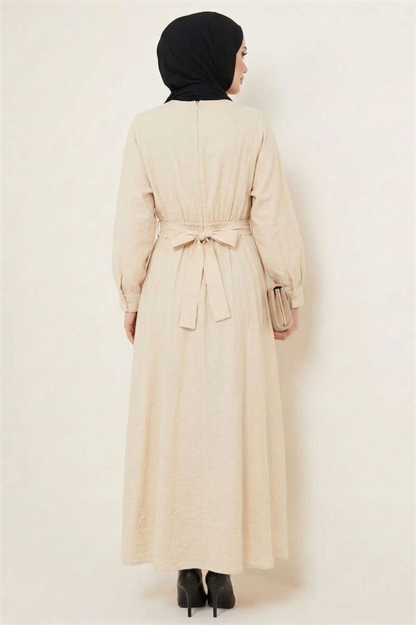 Gold Buckle Dress with Dart Detail, Beige