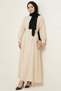 Gold Buckle Dress with Dart Detail, Beige