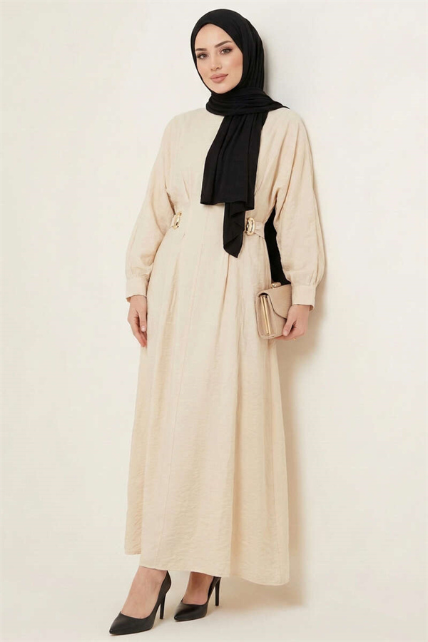 Gold Buckle Dress with Dart Detail, Beige