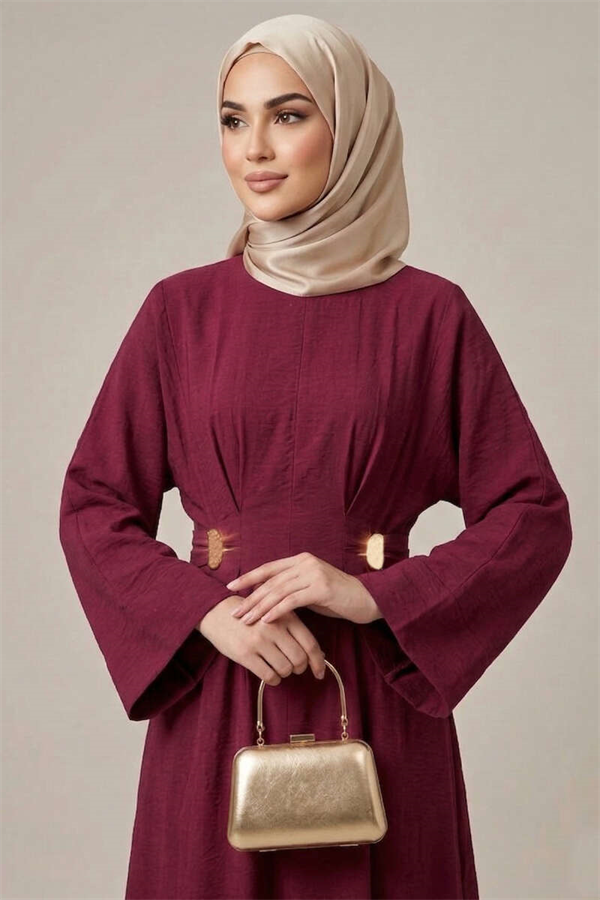 Burgundy Dress with Gold Buckle and Dart Details