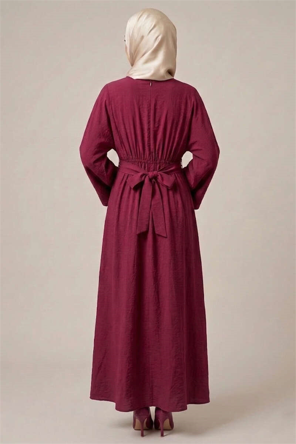 Burgundy Dress with Gold Buckle and Dart Details