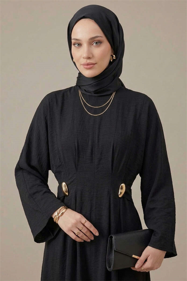 Black Dress with Gold Buckle and Dart Detail