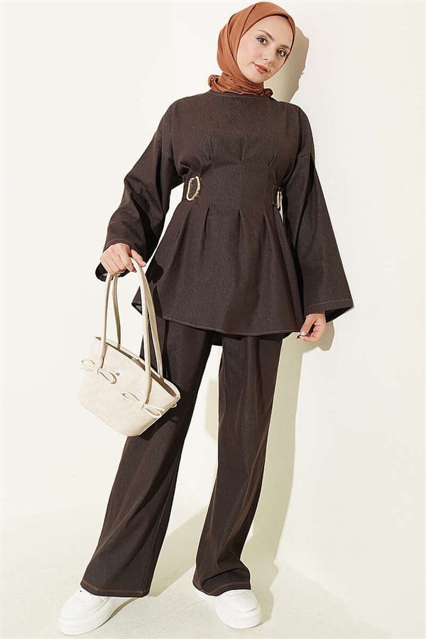 Gold Buckle Two-Piece Set in Coffee Color