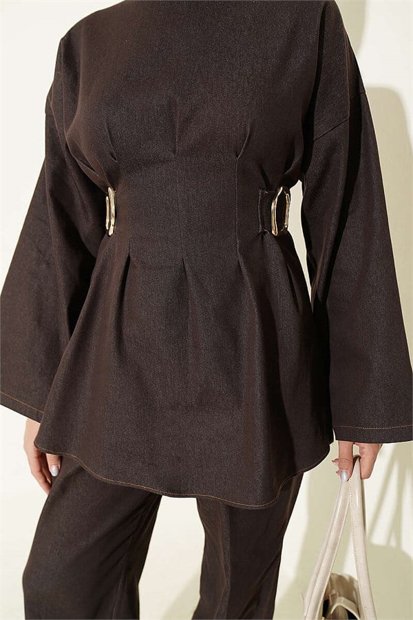 Gold Buckle Two-Piece Set in Coffee Color