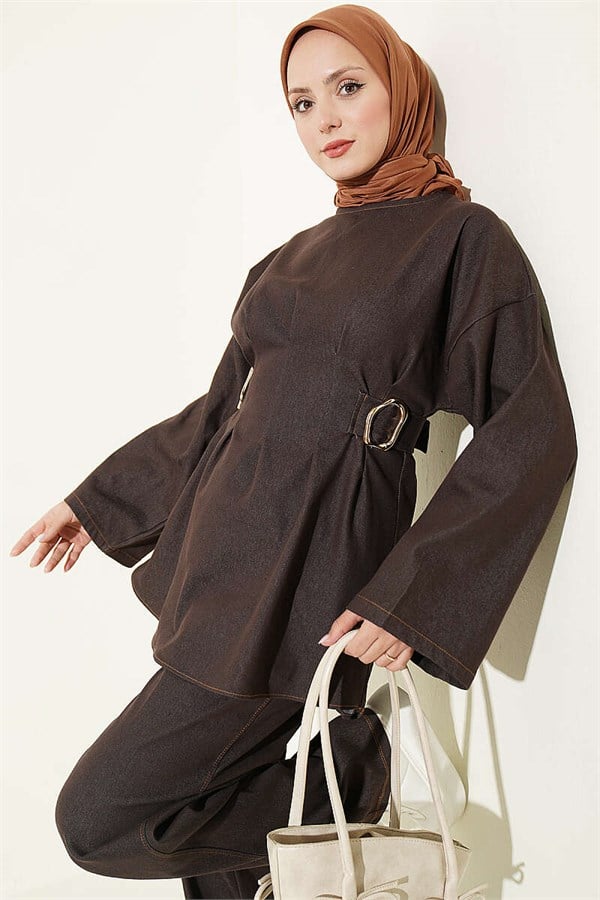 Gold Buckle Two-Piece Set in Coffee Color