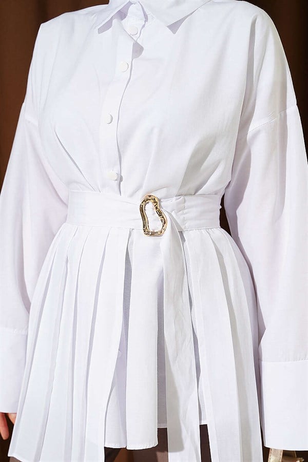 White Shirt with Gold Buckle and Pleat Details