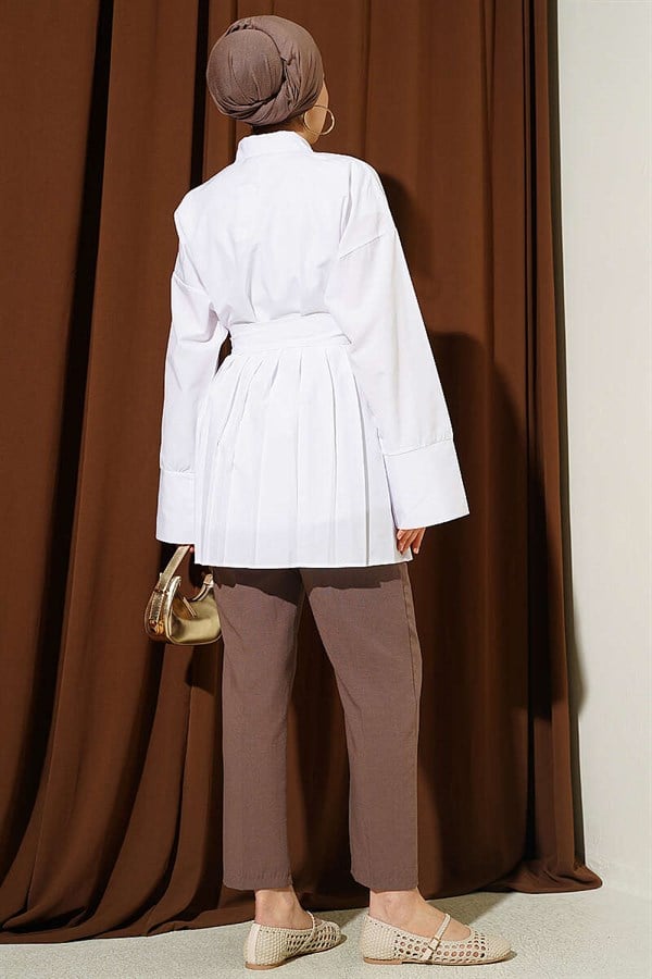 White Shirt with Gold Buckle and Pleat Details