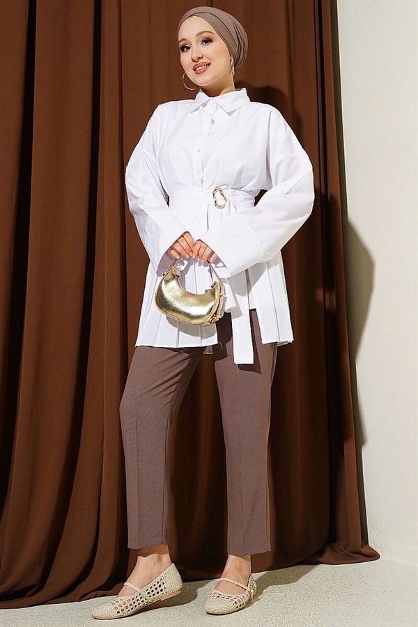 White Shirt with Gold Buckle and Pleat Details