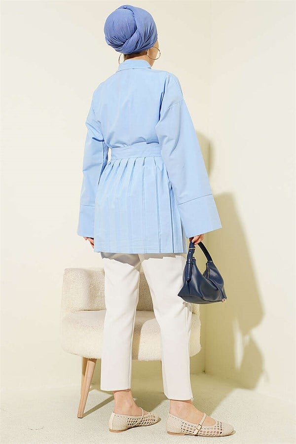 Gold Buckle Pleated Detail Shirt Blue