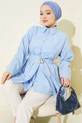 Gold Buckle Pleated Detail Shirt Blue