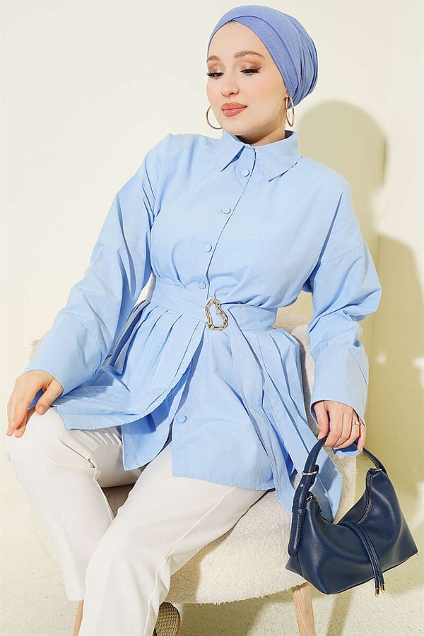 Gold Buckle Pleated Detail Shirt Blue