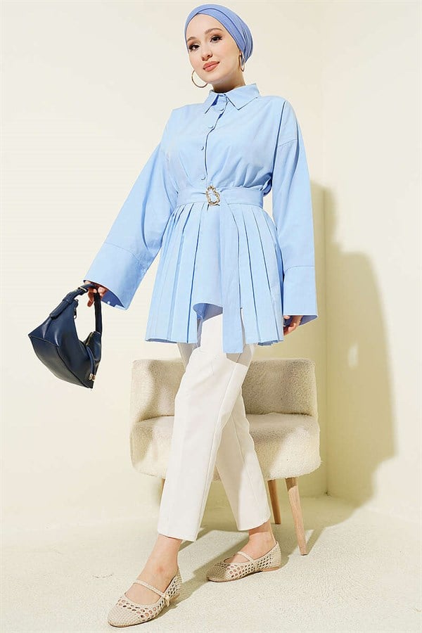 Gold Buckle Pleated Detail Shirt Blue