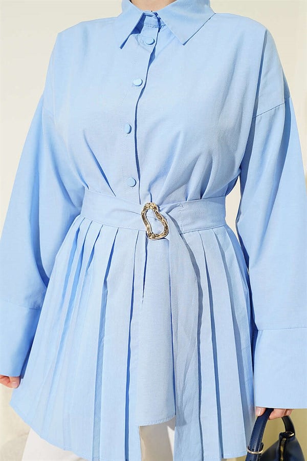 Gold Buckle Pleated Detail Shirt Blue