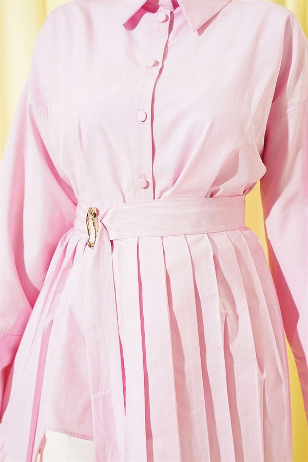Pink Shirt with Gold Buckle and Pleat Details
