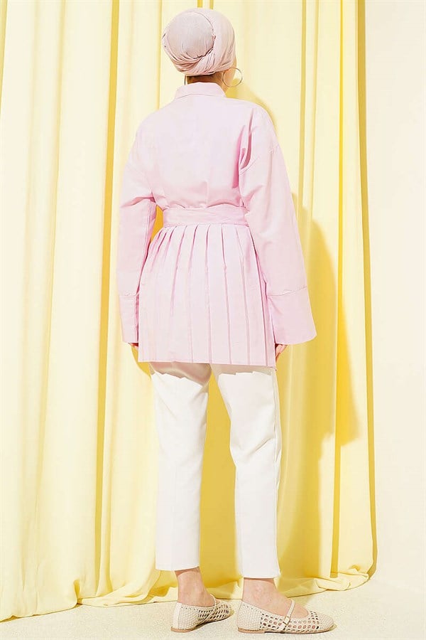 Pink Shirt with Gold Buckle and Pleat Details