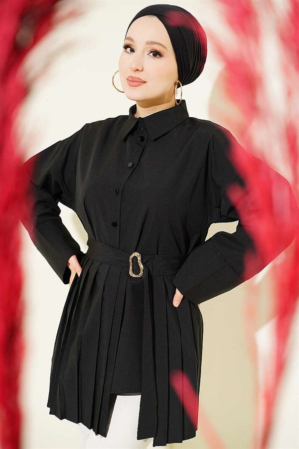 Black Shirt with Gold Buckle and Pleat Details