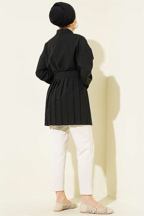 Black Shirt with Gold Buckle and Pleat Details