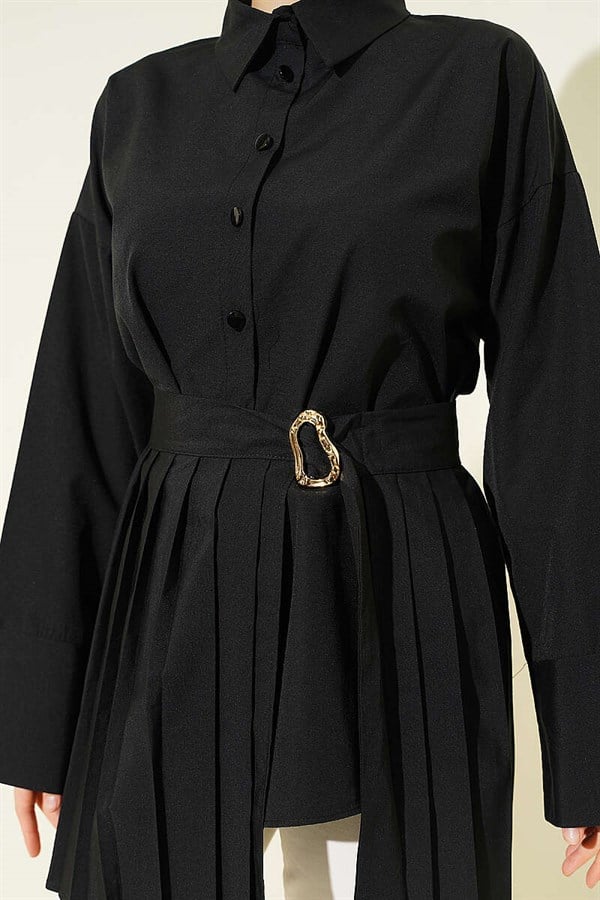 Black Shirt with Gold Buckle and Pleat Details