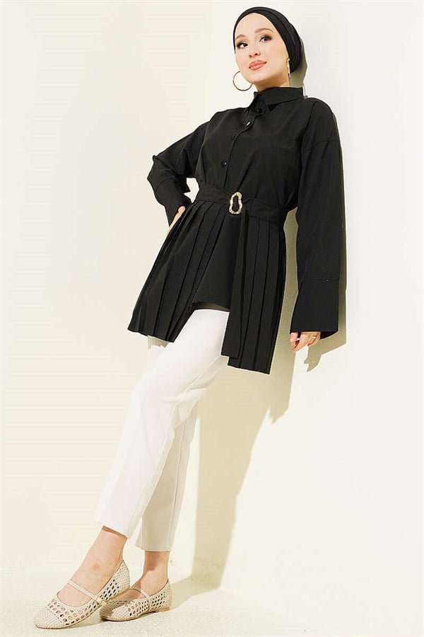Black Shirt with Gold Buckle and Pleat Details
