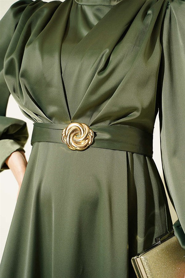 Satin Evening Dress with Gold Buckle, Khaki