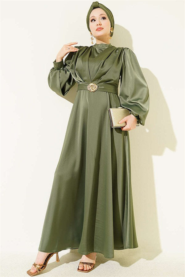 Satin Evening Dress with Gold Buckle, Khaki