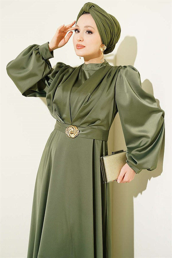 Satin Evening Dress with Gold Buckle, Khaki