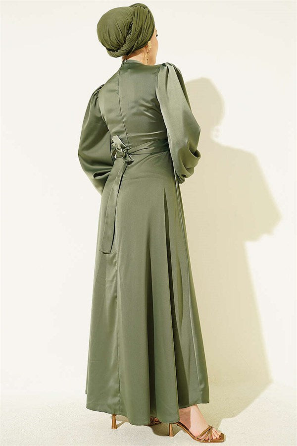 Satin Evening Dress with Gold Buckle, Khaki
