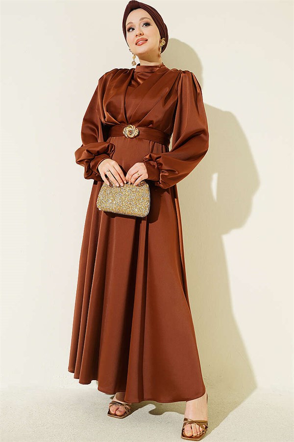 Satin Evening Dress with Gold Buckle, Brown