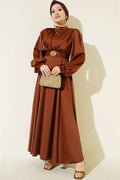 Satin Evening Dress with Gold Buckle, Brown