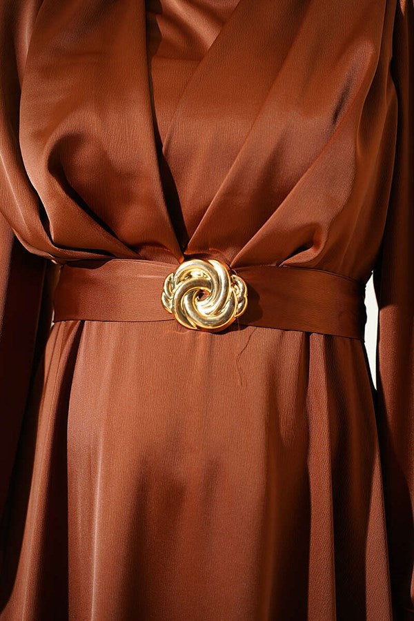 Satin Evening Dress with Gold Buckle, Brown