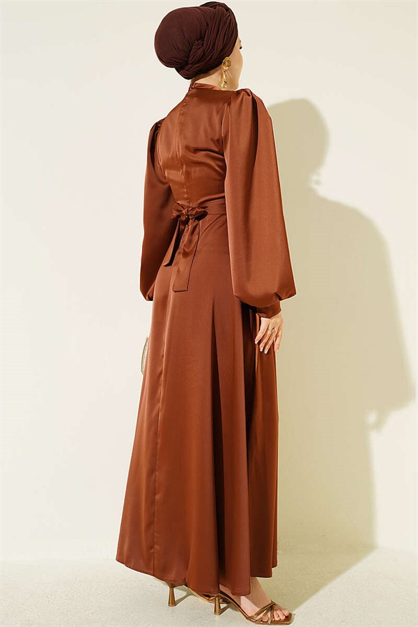 Satin Evening Dress with Gold Buckle, Brown