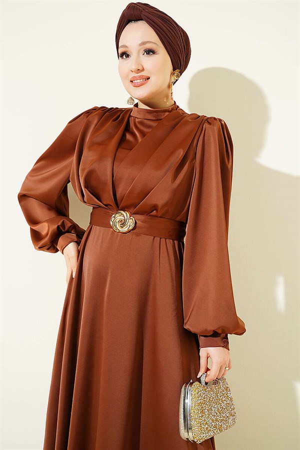 Satin Evening Dress with Gold Buckle, Brown