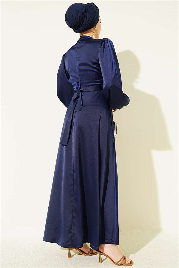 Navy Blue Satin Evening Dress with Gold Buckle