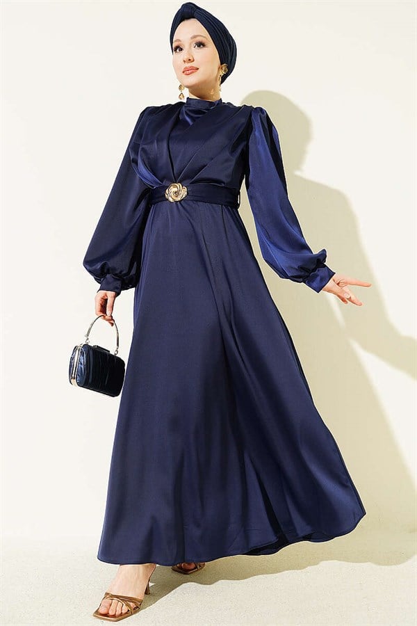 Navy Blue Satin Evening Dress with Gold Buckle