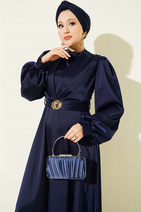 Navy Blue Satin Evening Dress with Gold Buckle