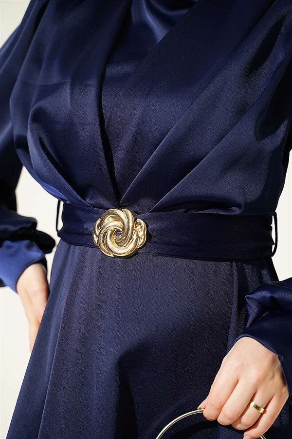 Navy Blue Satin Evening Dress with Gold Buckle