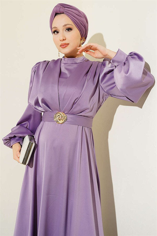 Satin Evening Dress with Gold Buckle, Lilac
