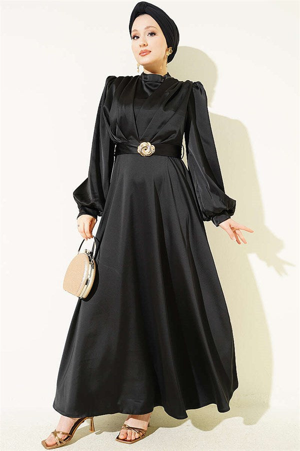 Satin Evening Dress with Gold Buckle, Black