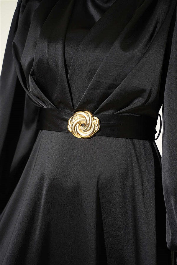 Satin Evening Dress with Gold Buckle, Black