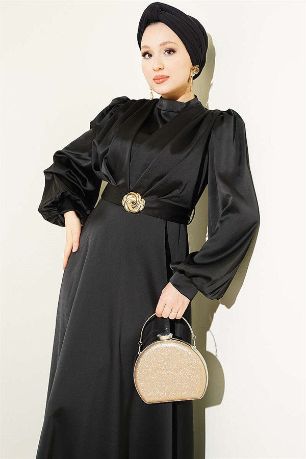 Satin Evening Dress with Gold Buckle, Black