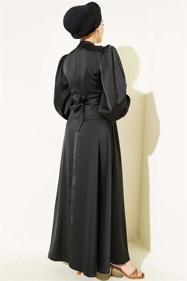 Satin Evening Dress with Gold Buckle, Black