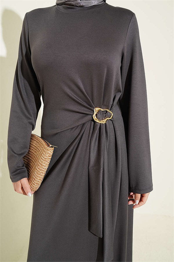 Dark Gray Dress with Gold Buckle and Side Tie