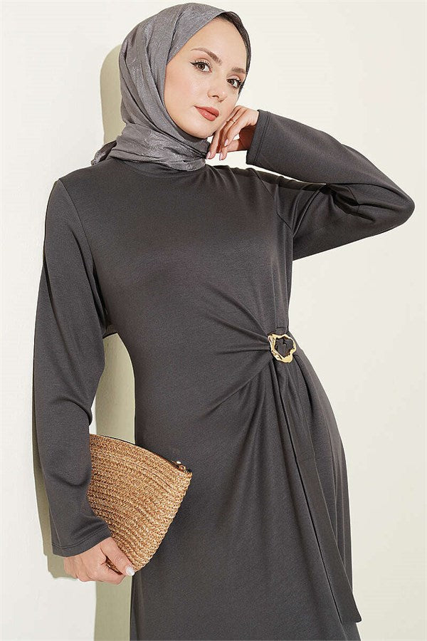 Dark Gray Dress with Gold Buckle and Side Tie