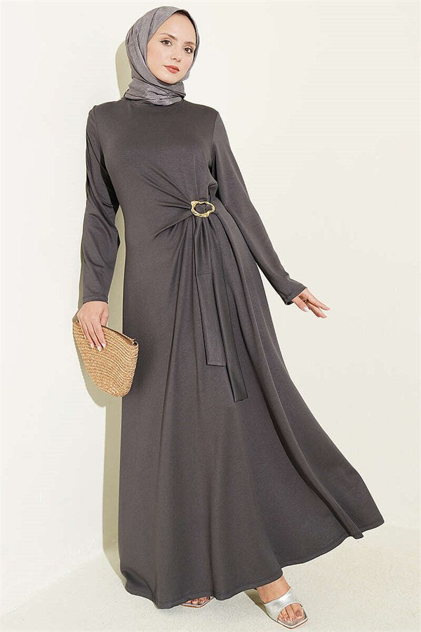 Dark Gray Dress with Gold Buckle and Side Tie