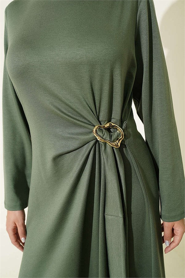 Khaki Side-Tie Dress with Gold Buckle
