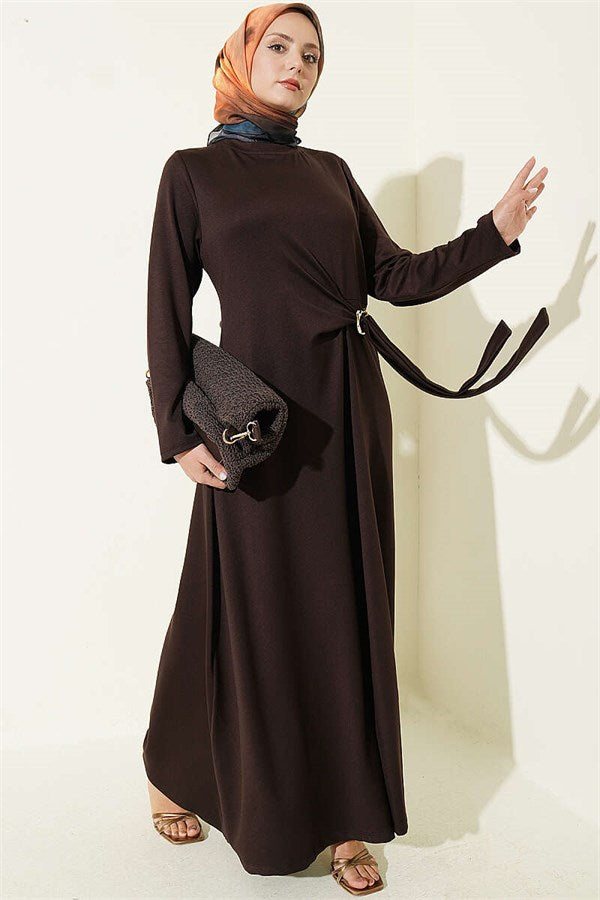 Gold Buckle Side Tie Dress, Brown