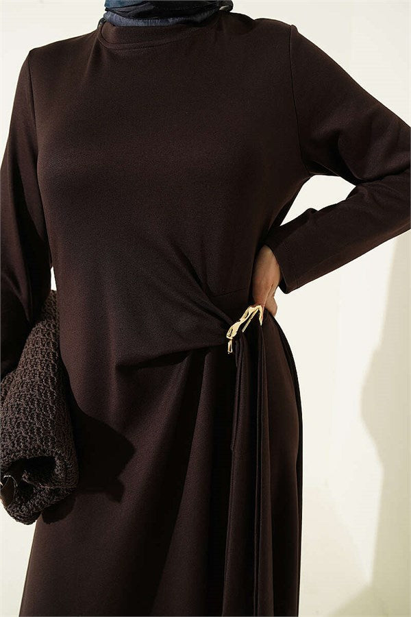 Gold Buckle Side Tie Dress, Brown