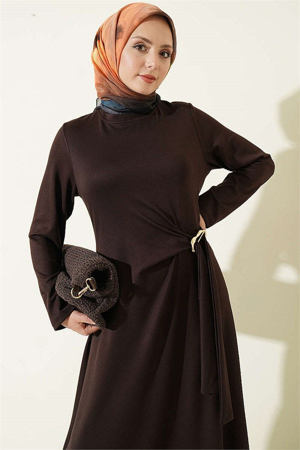 Gold Buckle Side Tie Dress, Brown