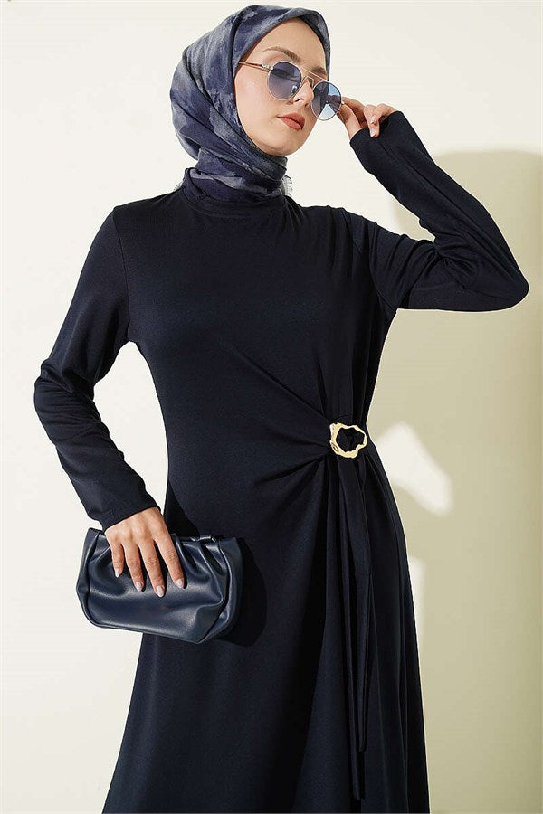 Navy Blue Side-Tie Dress with Gold Buckle